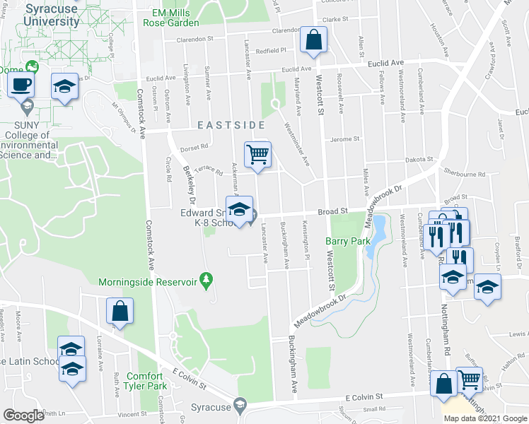 map of restaurants, bars, coffee shops, grocery stores, and more near 311 Broad Street in Syracuse