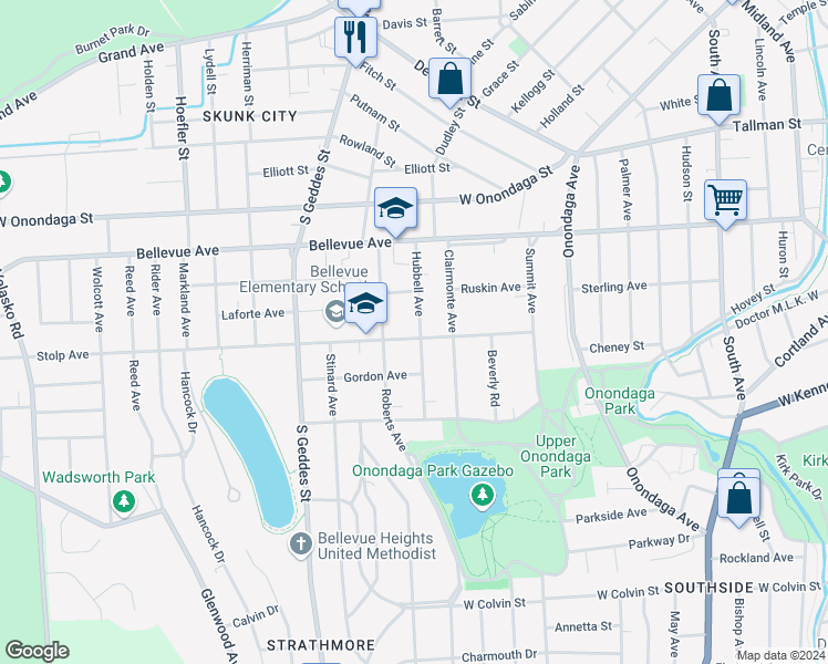 map of restaurants, bars, coffee shops, grocery stores, and more near 320 Stolp Avenue in Syracuse