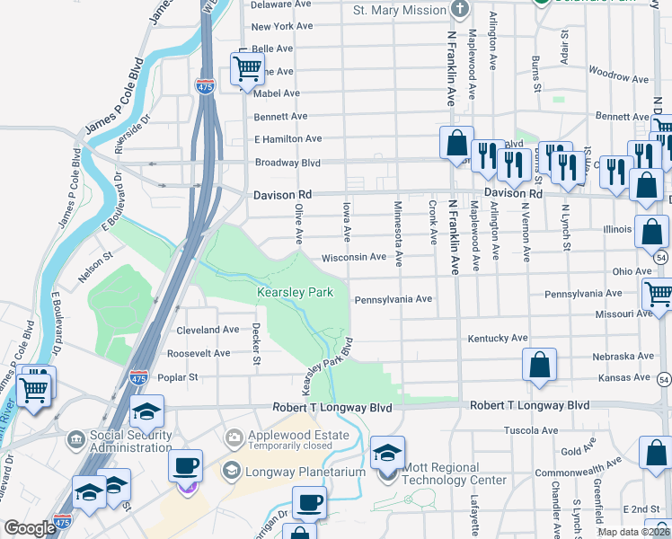 map of restaurants, bars, coffee shops, grocery stores, and more near 1527 Kearsley Park Boulevard in Flint
