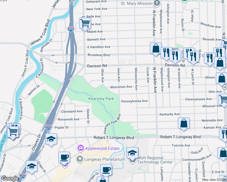 map of restaurants, bars, coffee shops, grocery stores, and more near 1527 Kearsley Park Boulevard in Flint