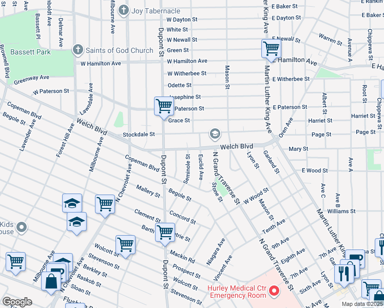 map of restaurants, bars, coffee shops, grocery stores, and more near 557 Welch Boulevard in Flint