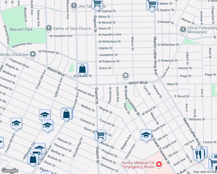 map of restaurants, bars, coffee shops, grocery stores, and more near 615 Welch Boulevard in Flint