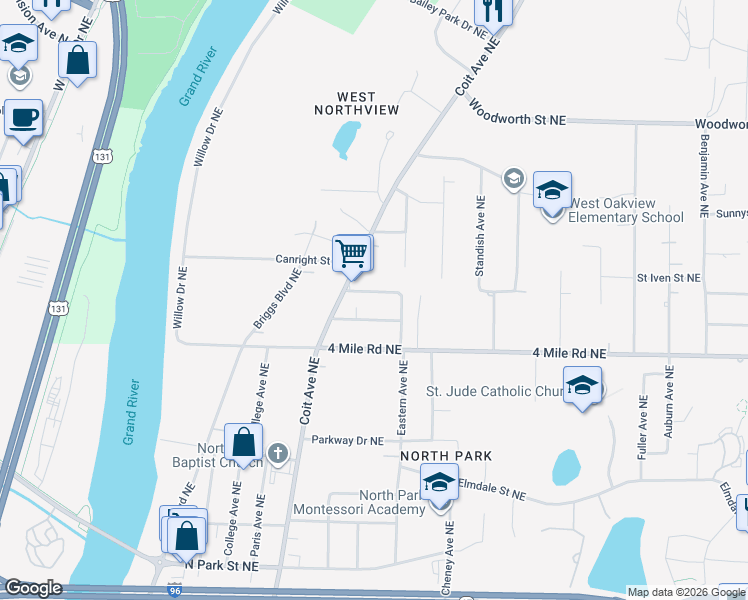 map of restaurants, bars, coffee shops, grocery stores, and more near 756 Revere Street Northeast in Grand Rapids