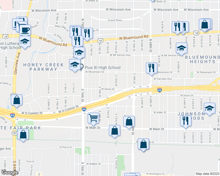 map of restaurants, bars, coffee shops, grocery stores, and more near 150 South 73rd Street in Milwaukee