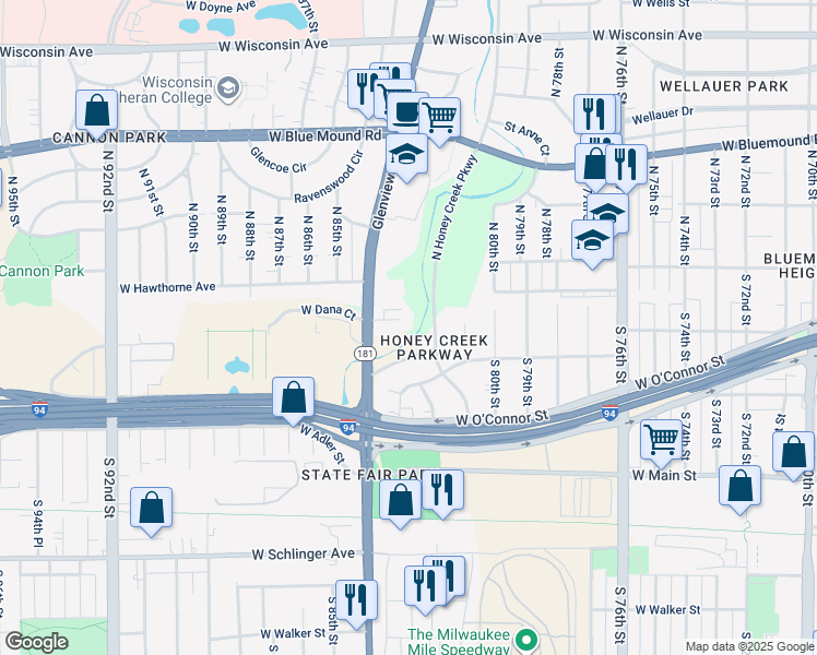 map of restaurants, bars, coffee shops, grocery stores, and more near 8301 West Dana Street in Milwaukee