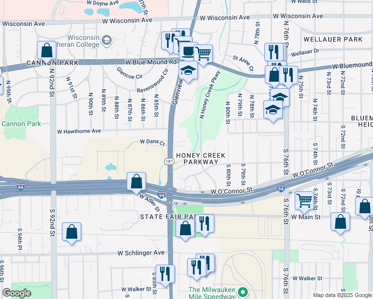 map of restaurants, bars, coffee shops, grocery stores, and more near 8301 West Dana Street in Milwaukee