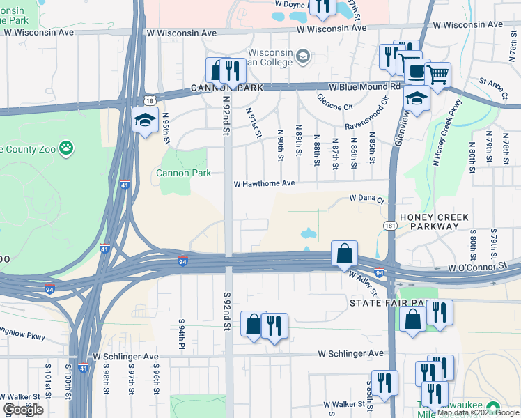 map of restaurants, bars, coffee shops, grocery stores, and more near 9142 West Dixon Street in Milwaukee