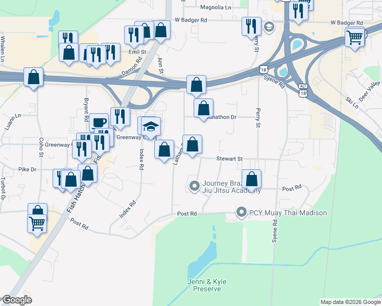 map of restaurants, bars, coffee shops, grocery stores, and more near 1102 Stewart Street in Madison