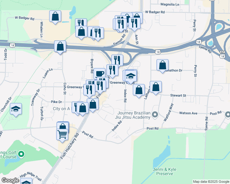 map of restaurants, bars, coffee shops, grocery stores, and more near 1585 Greenway Cross in Madison