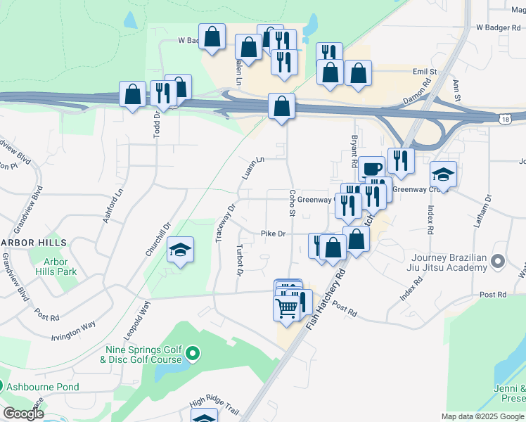 map of restaurants, bars, coffee shops, grocery stores, and more near 2019 Greenway Cross in Fitchburg
