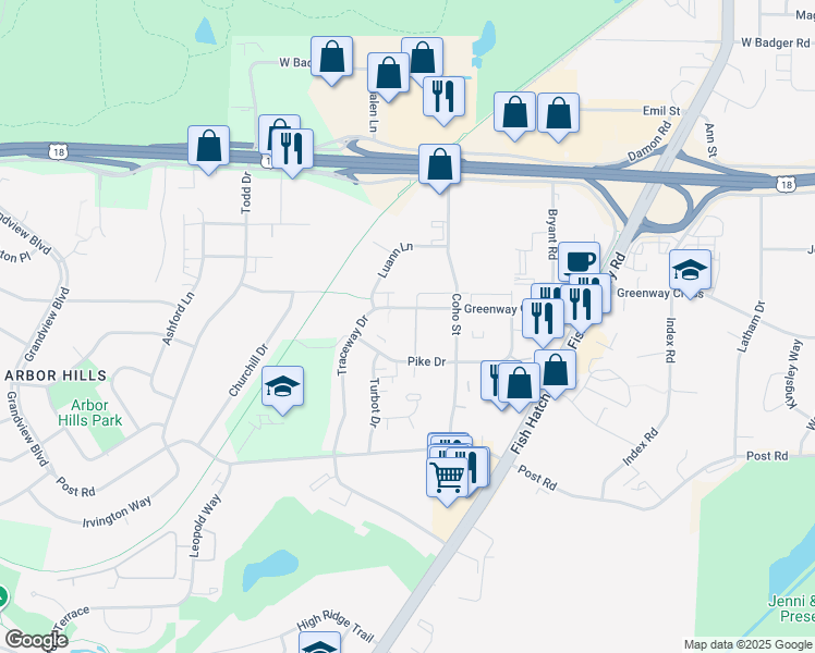 map of restaurants, bars, coffee shops, grocery stores, and more near 2019 Greenway Cross in Fitchburg
