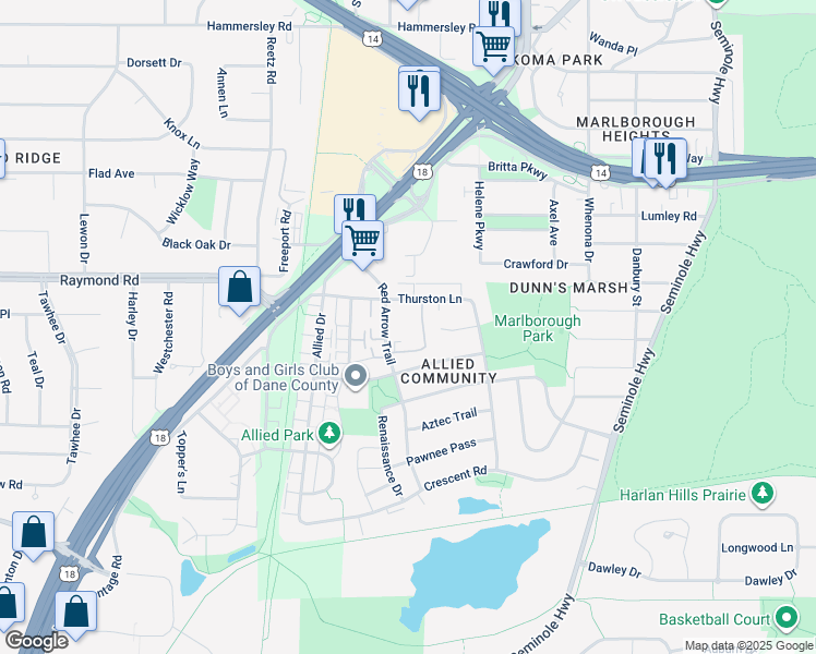 map of restaurants, bars, coffee shops, grocery stores, and more near 4533 Thurston Lane in Fitchburg
