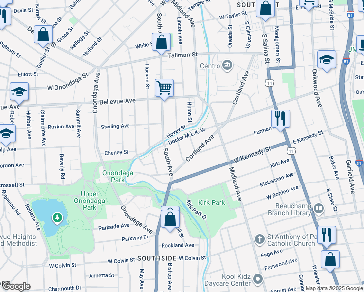 map of restaurants, bars, coffee shops, grocery stores, and more near 113 Dearborn Place in Syracuse