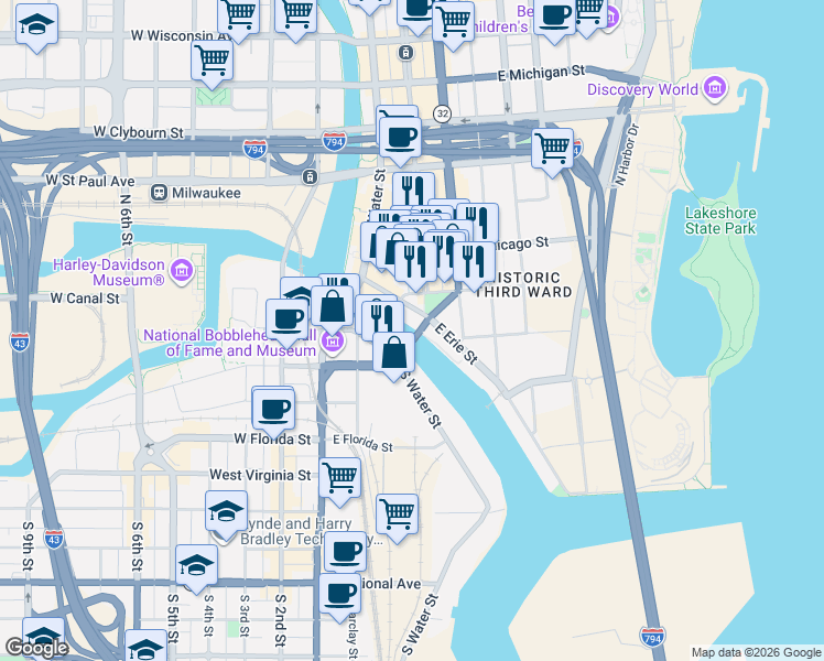 map of restaurants, bars, coffee shops, grocery stores, and more near 101 North Broadway in Milwaukee