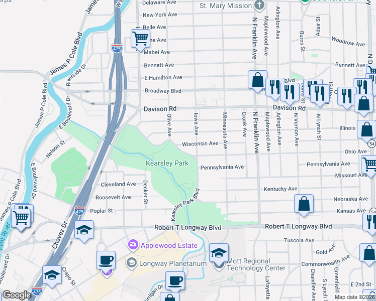 map of restaurants, bars, coffee shops, grocery stores, and more near 1527 Kearsley Park Boulevard in Flint