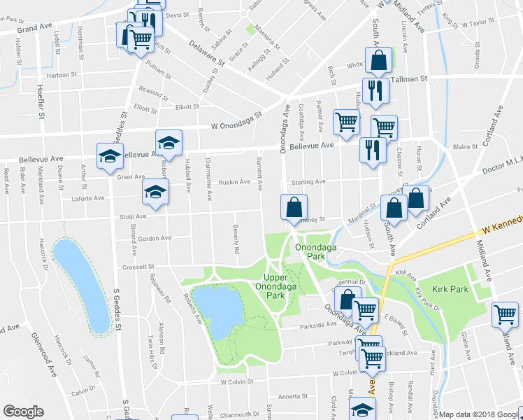 map of restaurants, bars, coffee shops, grocery stores, and more near 100 Stolp Avenue in Syracuse