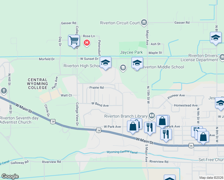 map of restaurants, bars, coffee shops, grocery stores, and more near 1975 Prairie Road in Riverton