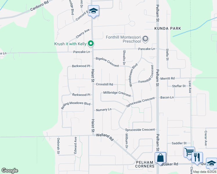 map of restaurants, bars, coffee shops, grocery stores, and more near 15 Crosshill Road in Pelham