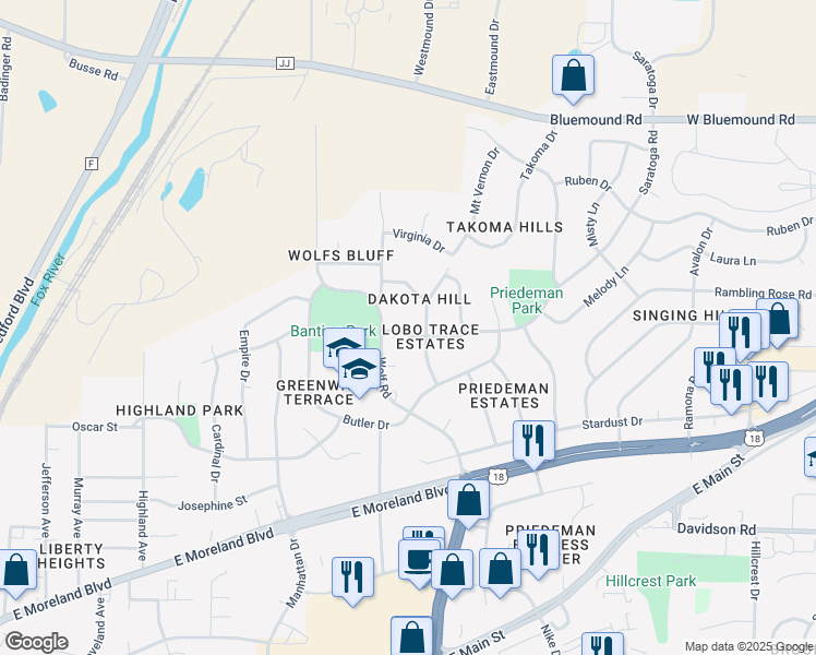 map of restaurants, bars, coffee shops, grocery stores, and more near 1608 Saratoga Road in Waukesha