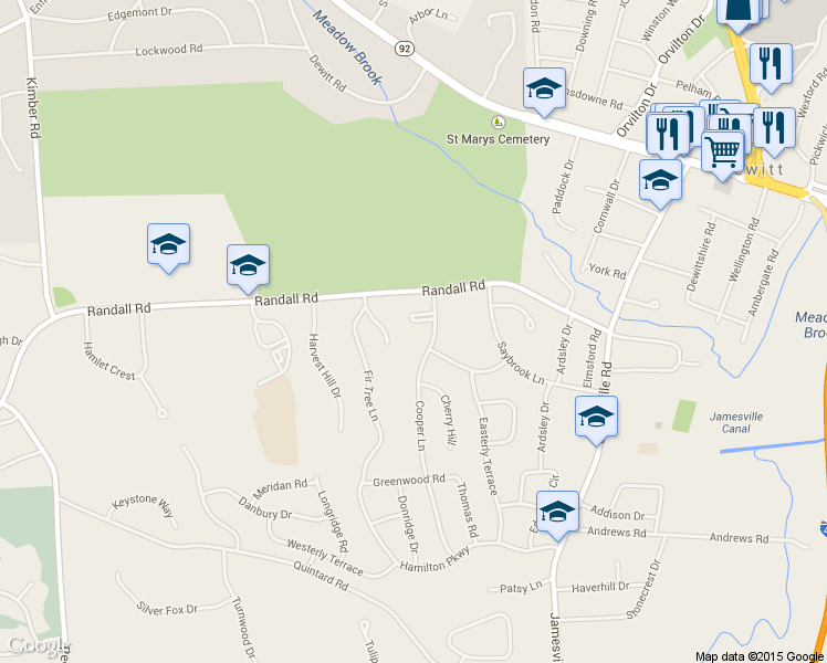 map of restaurants, bars, coffee shops, grocery stores, and more near 103 Harpers Court in Syracuse