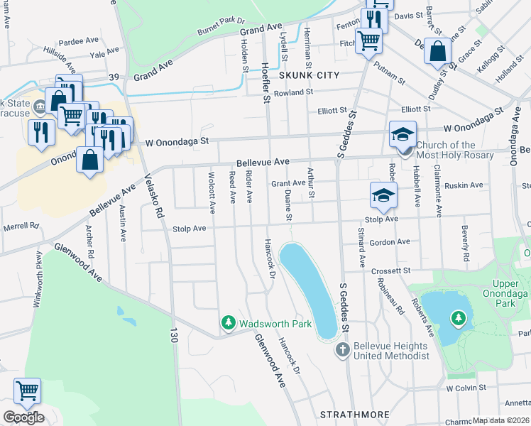 map of restaurants, bars, coffee shops, grocery stores, and more near 247 Markland Avenue in Syracuse