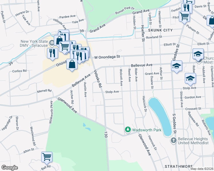 map of restaurants, bars, coffee shops, grocery stores, and more near 153 Vieau Drive in Syracuse