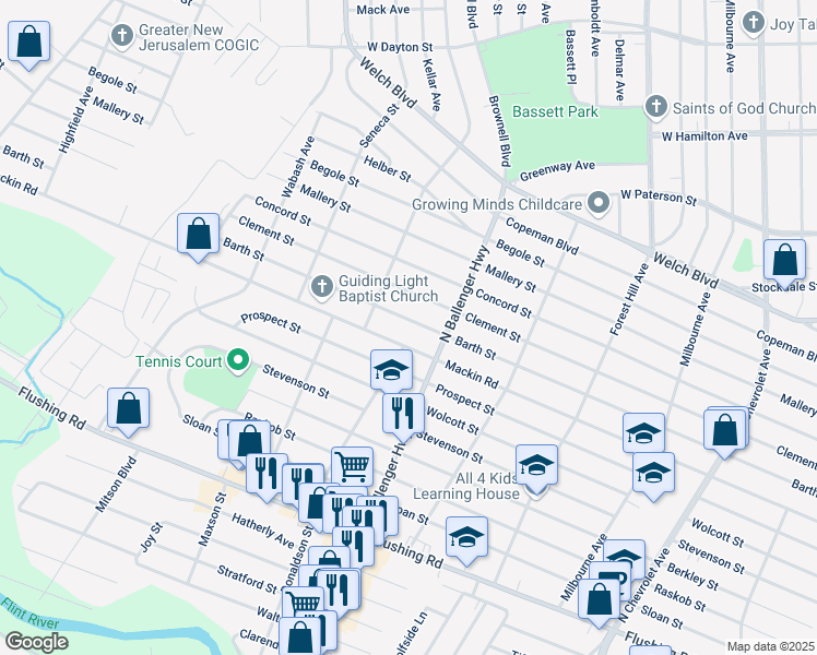 map of restaurants, bars, coffee shops, grocery stores, and more near 2931 Barth Street in Flint