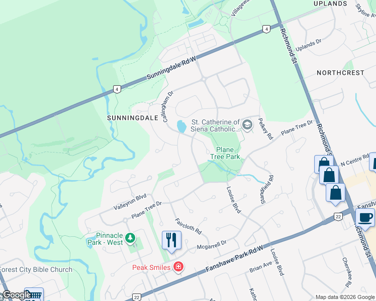 map of restaurants, bars, coffee shops, grocery stores, and more near 2148 Creekridge Bend in London
