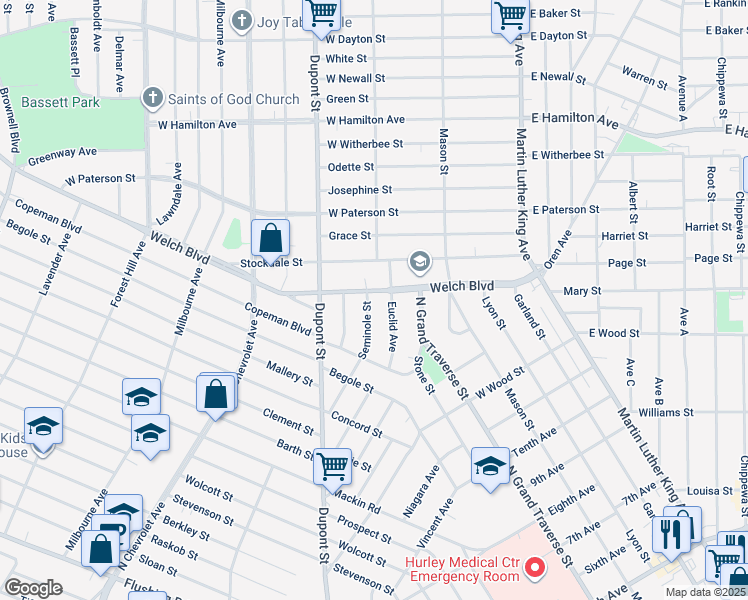 map of restaurants, bars, coffee shops, grocery stores, and more near 557 Welch Boulevard in Flint