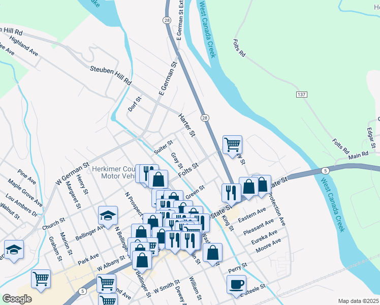 map of restaurants, bars, coffee shops, grocery stores, and more near 318 Steuben St in Herkimer
