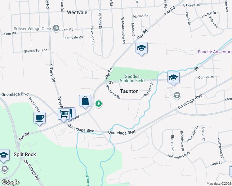 map of restaurants, bars, coffee shops, grocery stores, and more near 126 Sheraton Road in Syracuse