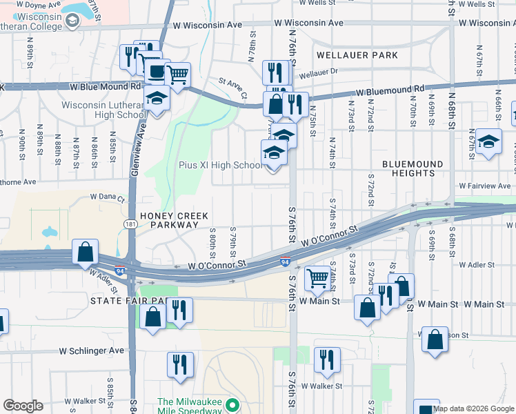 map of restaurants, bars, coffee shops, grocery stores, and more near 144 South 78th Street in Milwaukee