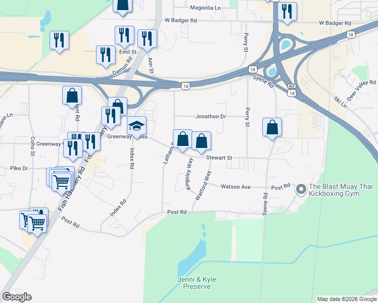 map of restaurants, bars, coffee shops, grocery stores, and more near 1102 Stewart Street in Madison