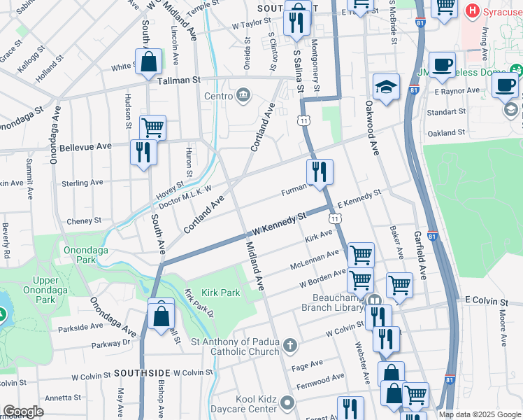 map of restaurants, bars, coffee shops, grocery stores, and more near 247 Furman Street in Syracuse