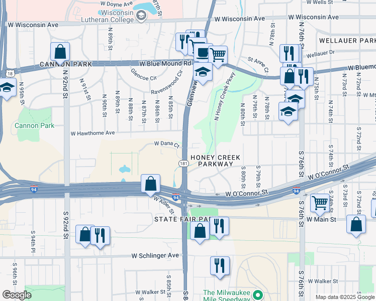 map of restaurants, bars, coffee shops, grocery stores, and more near 162 South 84th Street in Milwaukee