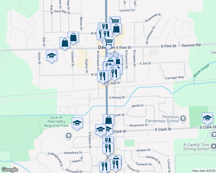 map of restaurants, bars, coffee shops, grocery stores, and more near 109 North State Road in Davison