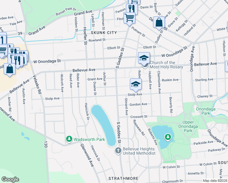 map of restaurants, bars, coffee shops, grocery stores, and more near 307 Laforte Avenue in Syracuse