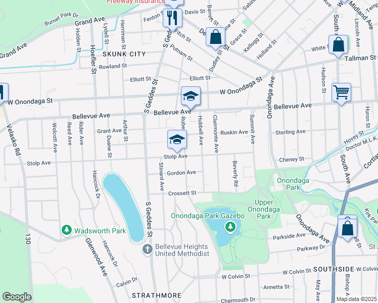 map of restaurants, bars, coffee shops, grocery stores, and more near 424 Stolp Avenue in Syracuse