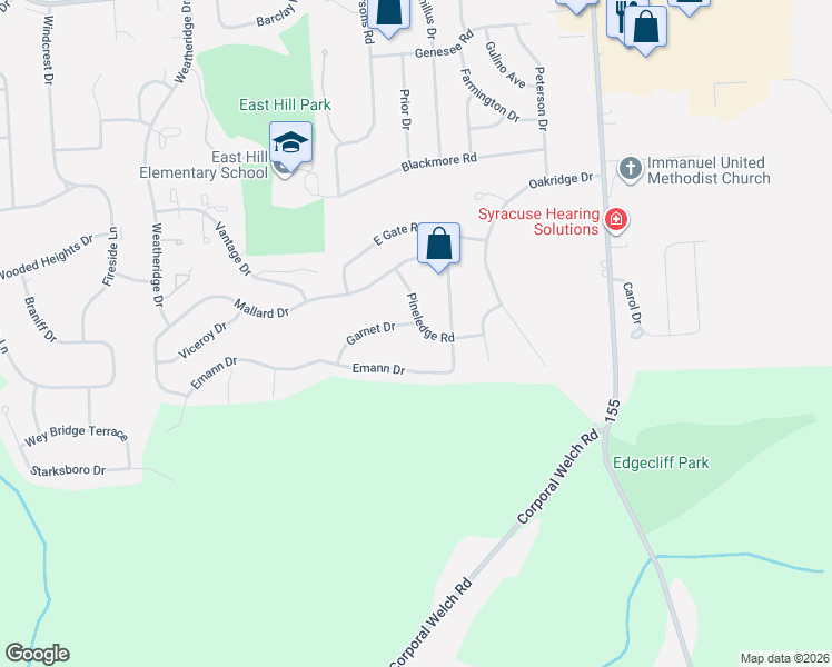 map of restaurants, bars, coffee shops, grocery stores, and more near 101 Garnet Drive in Camillus