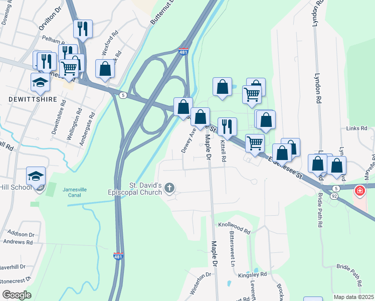 map of restaurants, bars, coffee shops, grocery stores, and more near 5305 Springwater Drive in Fayetteville