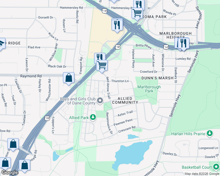 map of restaurants, bars, coffee shops, grocery stores, and more near 2113 Red Arrow Trail in Fitchburg
