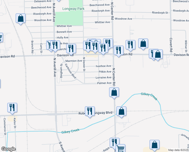 map of restaurants, bars, coffee shops, grocery stores, and more near 3739 Lorraine Avenue in Flint