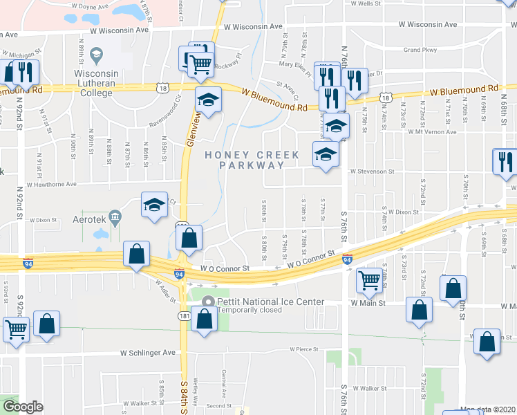 map of restaurants, bars, coffee shops, grocery stores, and more near 141 South 80th Street in Milwaukee