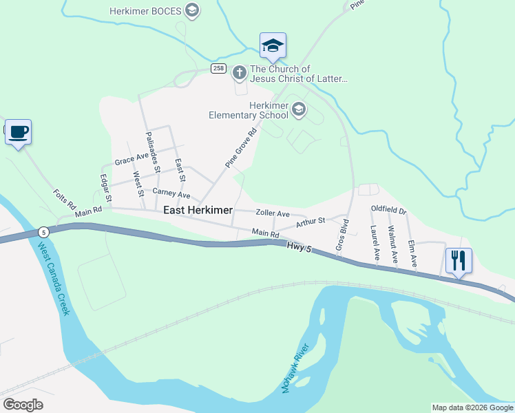 map of restaurants, bars, coffee shops, grocery stores, and more near 109 Zoller Avenue in Herkimer