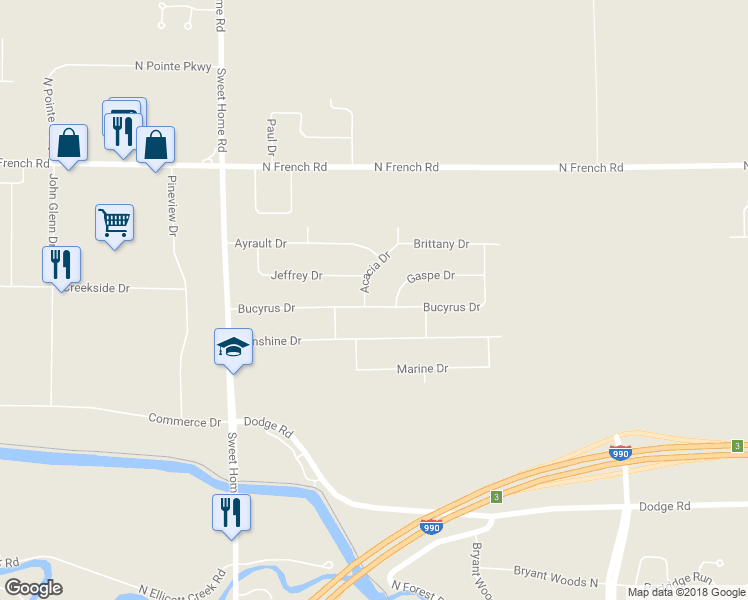 map of restaurants, bars, coffee shops, grocery stores, and more near 5 Acacia Drive in Buffalo