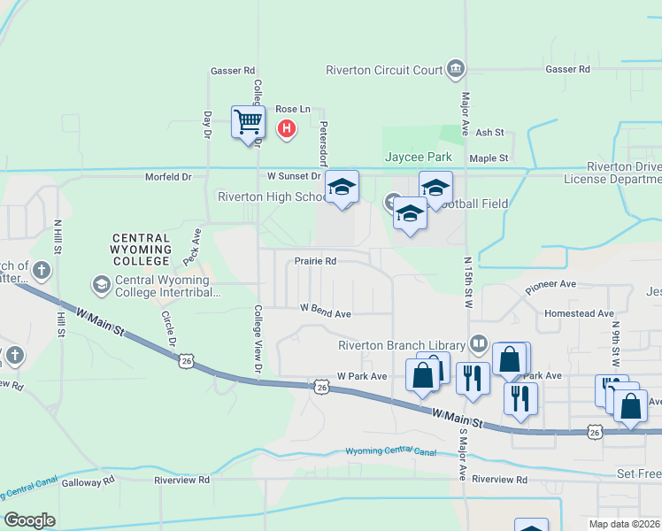 map of restaurants, bars, coffee shops, grocery stores, and more near 2101 Prairie Road in Riverton