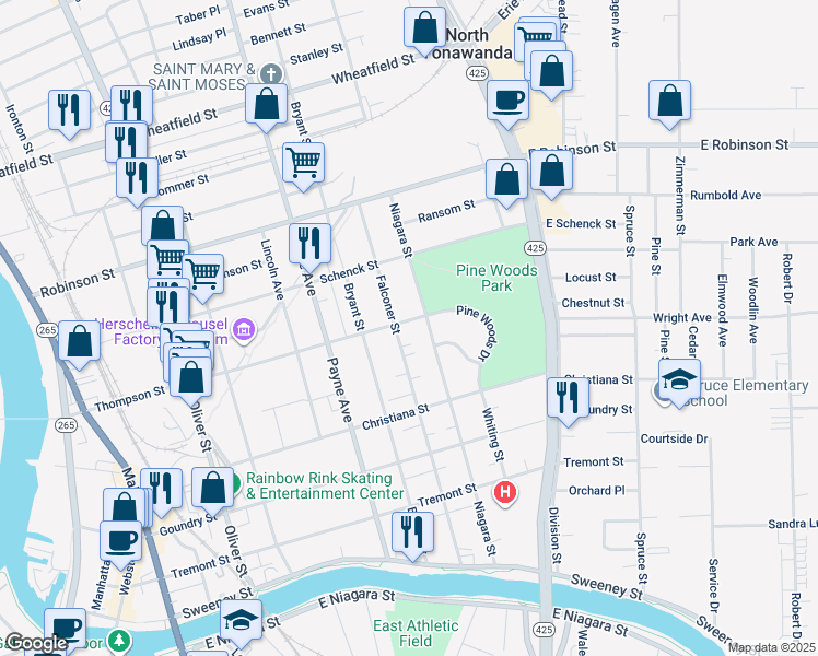 map of restaurants, bars, coffee shops, grocery stores, and more near 265 Falconer Street in North Tonawanda