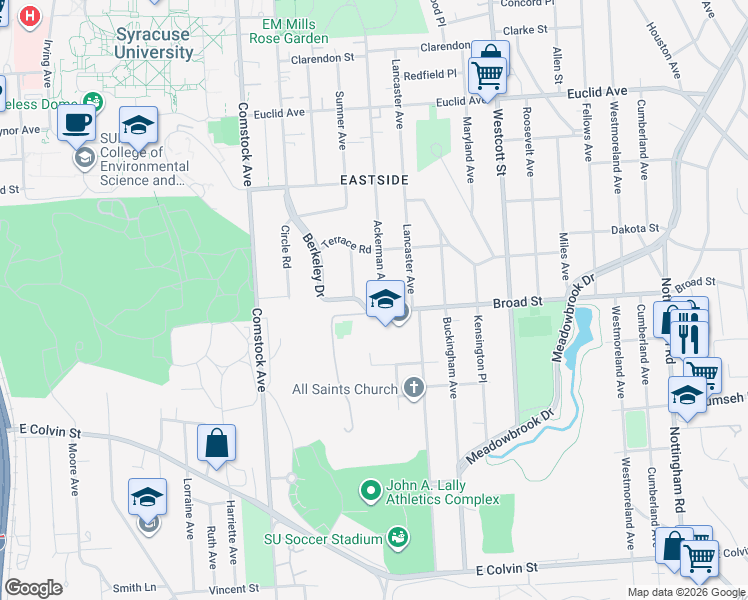 map of restaurants, bars, coffee shops, grocery stores, and more near 1053 Ackerman Avenue in Syracuse