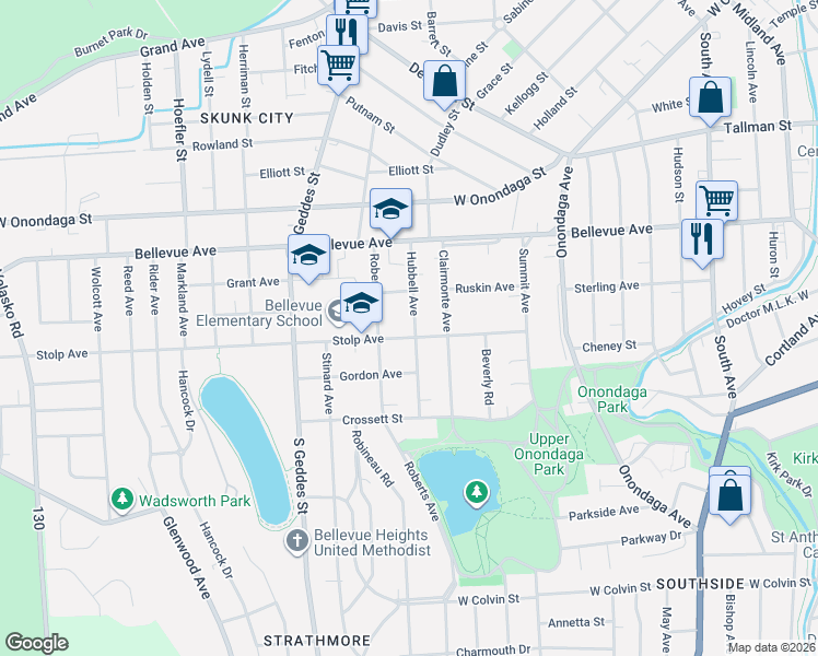 map of restaurants, bars, coffee shops, grocery stores, and more near 320 Stolp Avenue in Syracuse