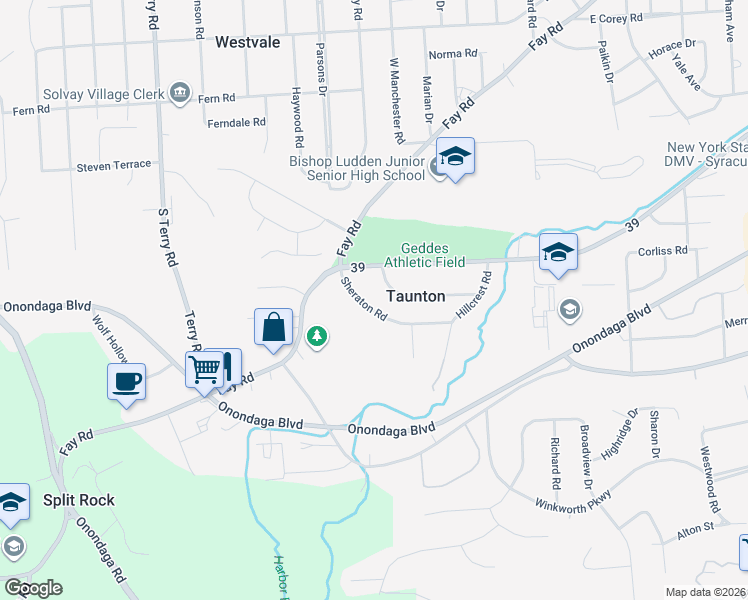 map of restaurants, bars, coffee shops, grocery stores, and more near 126 Sheraton Road in Syracuse